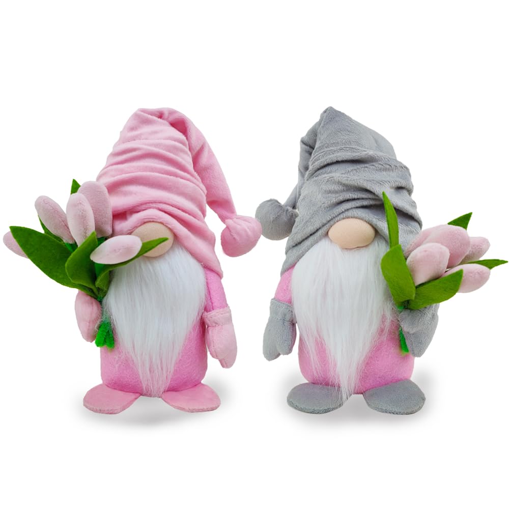 2pcs Spring Gonk Gnome Decorations, Plush Gnome Faceless Doll with Spring Tulip Bouquet Handmade Swedis Dwarf Elf Table Ornaments Gift for Her Women Mom