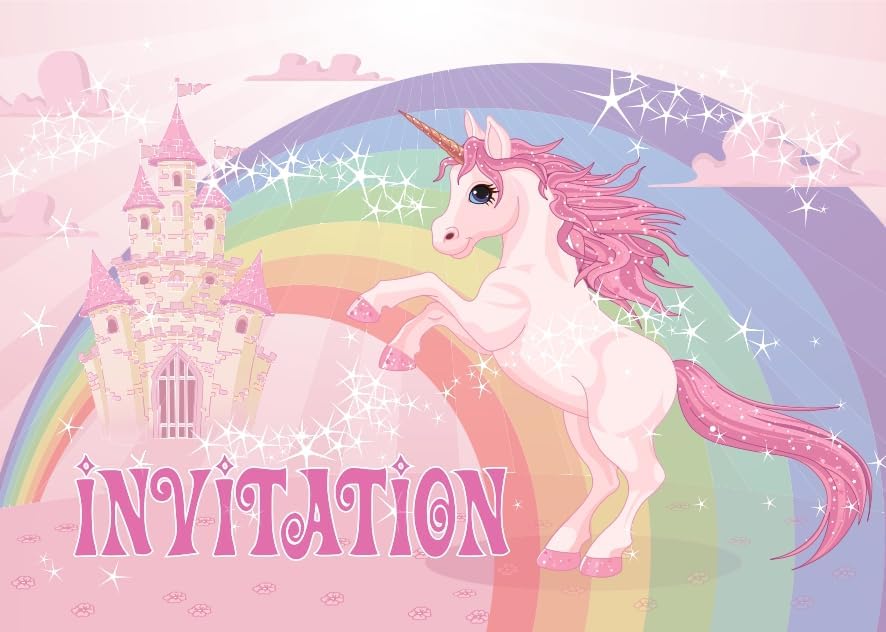 Cartes Invitation Licorne Anniversaire Fille - Set 10 Cartes + Enveloppes + Stickers 3D - Français