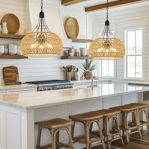 Pavloatu 20" Rattan Farmhouse Chandeliers for Dining Room, 5-Light Boho Rattan Chandelier Light Fixtures with Woven Wicker Lampshade, Rustic Pendant Lighting for Kitchen Island, Living Room - Image 2
