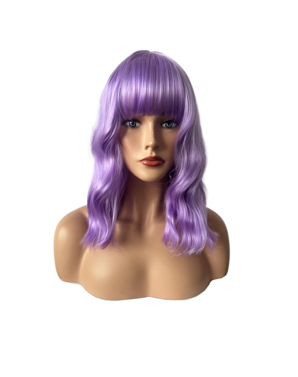 Women Medium Length Purple Wavy Wig with Flat Bangs Cosplay Wig (Purple)