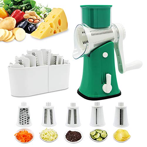 Rotary Cheese Graters Potato Slicer - VEKAYA 5 in 1 Manual Round Vegetable Slicer Mandoline slicerJulienne Shredder with Strong Suction Base for Nuts GrinderOnionCheese