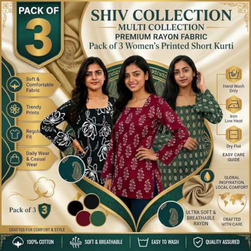 Image of Women's Printed Reyon Short Kurti Combo Pack of 3 Regular Fit Half Sleeve Square Neck Casual Soft Breathable Kurti for Office, College, Travel, Home (in, Alpha, XL, Multicolor)
