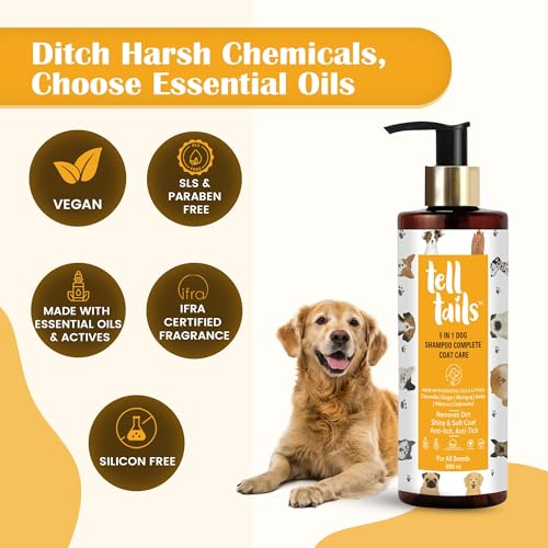 Image of Tell Tails 5-in-1 Organic Dog Shampoo - Pack of 2 (500ml) - Flea, Tick & Odor Removal - Moisturizes, Heals & Shine - Anti-fungal & Anti-bacterial - Citronella, Ginger, Bhringraj & Amla -For All Breeds