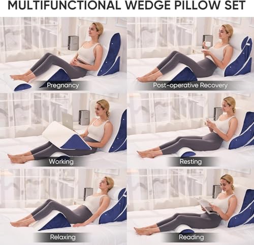 Image of OAISZ 4 PCS Wedge Pillow Set for After Surgery, Memory Foam Orthopedic Bed Wedge Pillow Set, Adjustable Bed for Sleeping, Acid Reflux Relief, Post Surgery Recovery, Back Support, Leg Elevation, Blue