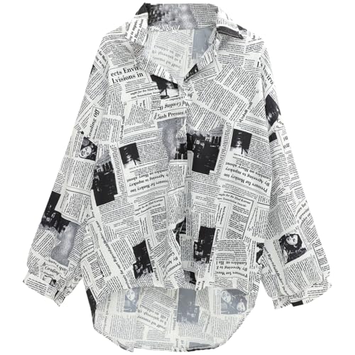 WRITWAA Damen Bluse Mit Zeitungsdruck Und Revers Hemd Aus Weichem Polyester FüR Sommer Freizeit BüRo Und Party