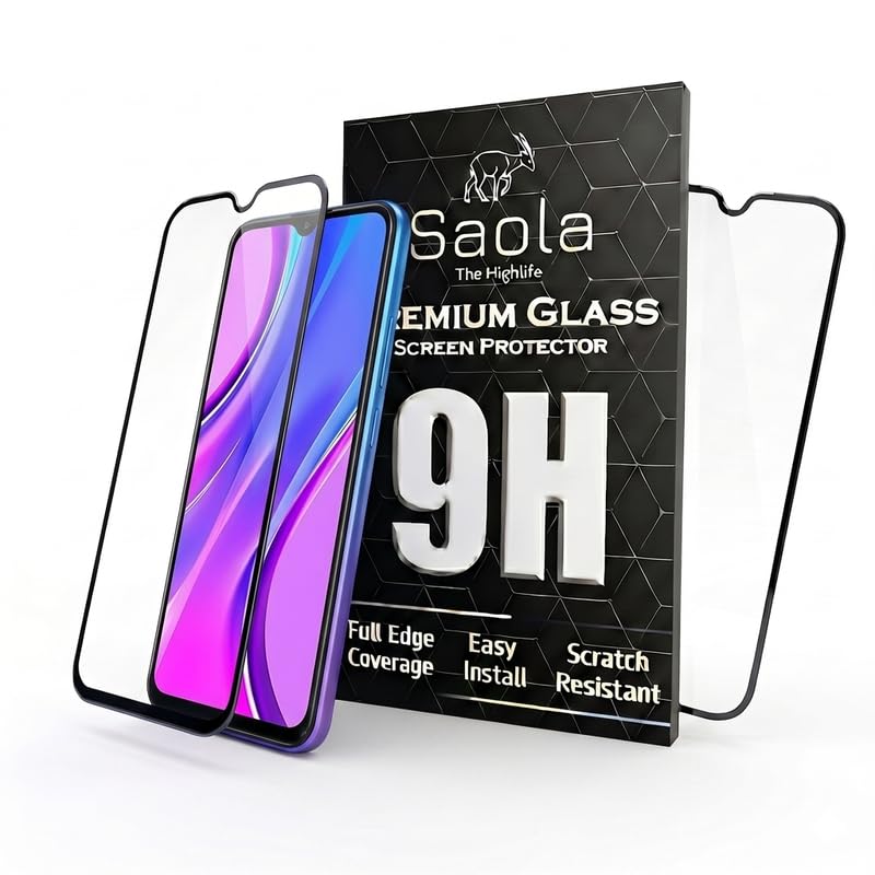 Image of Saola HD+ Oleophobic Tempered Glass Screen Protector For Redmi 9 Prime (Pack Of 2) with Free Installation Kit. Full screen Coverage - 6.53 inch