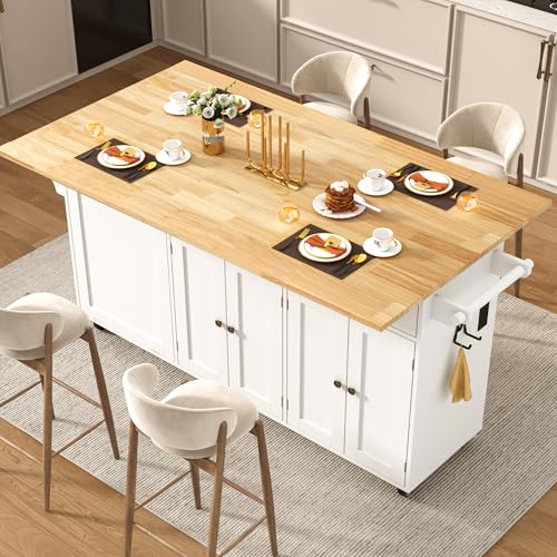 67" Large Movable Kitchen Island w/Sliding Drop Leaf,Power Outlet, Kitchen