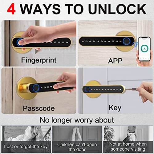 Elinksmart Fingerprint Door Lock, Keyless Entry Door Lock With Keypad Handle, Digital Electric Biometric Smart Door Knob For Bedroom, Hotel, Apartment, Interior Door - Gold #TOP1