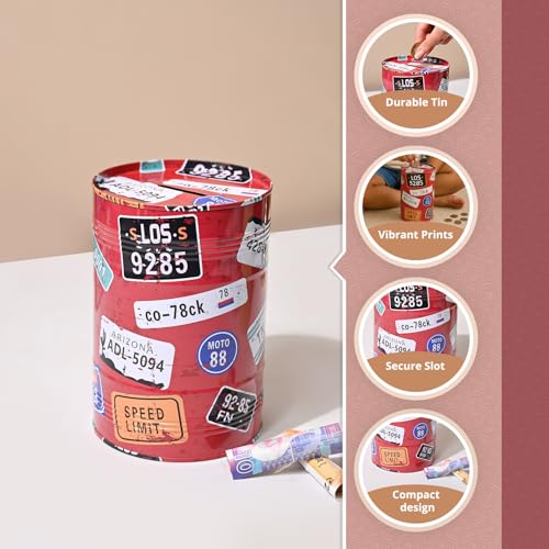 Image of Market99 Round Money Bank | Red Tin Coin Bank with Glossy Finish & Motivational Quote Pattern | Cute & Durable Piggy Bank for Kids, Adults, Home, Office & Desk Decor | Ideal Gifting Solution