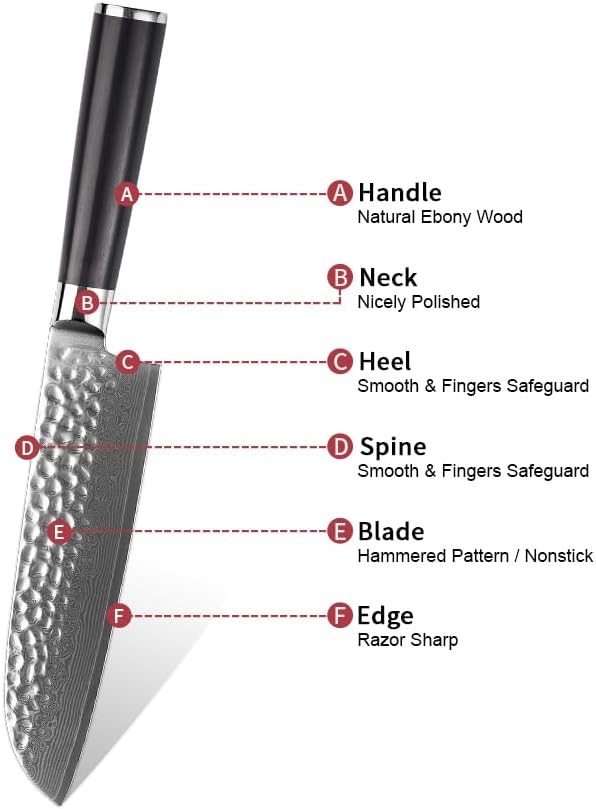 Miniatura 6 de AMSZL Cuchillo de chef japonés Santoku, cuchillo japonés VG10 de acero de Damasco de 7 pulgadas, cuchillo de cocina profesional afilado, forjado