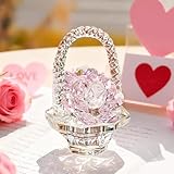 H&D HYALINE & DORA Glass Rose Flower Gift for Women Handcraft Pink Crystal Rose Flower Basket Figurine for Valentine's Day Mother's Day Christmas
