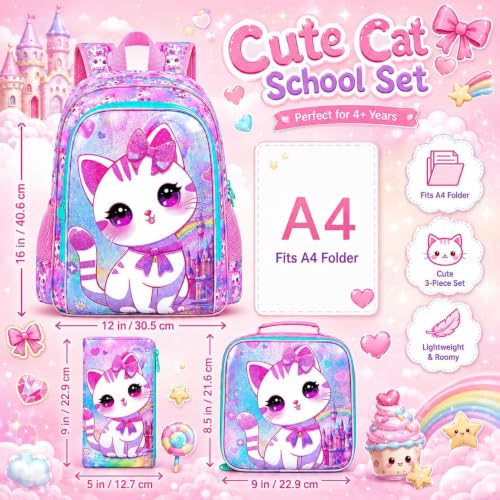 Image of CCJPX 3PCS Cat Backpack for Girls, 16 inchKids Preschool Bookbag with Lunch Box, Cute Water Resistant Elementary School Bag for Teen Kindergarten Toddler