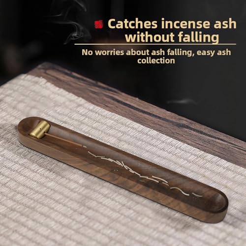Räucherstäbchen Halter aus Holz mit Ascheauffangschale, 18,3 cm Hoher Incense Holder Räuchergefäß mit 3 Löchern aus Messing, ideal für Meditation,Yoga,und Dünne & Dicke Stäbchen (Walnussholz Farbe)