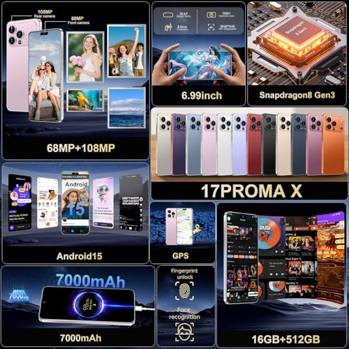 Image of Ecshock 17PM Unlocked Phone | Cell Phone Android 15.0 | 16+512GB Smartphone| 6.99 inch HD Display | Long Battery Life 7000mAh | 68+108MP Zoom Camera| Fingerprint Lock | with Dual SIM (Pink)