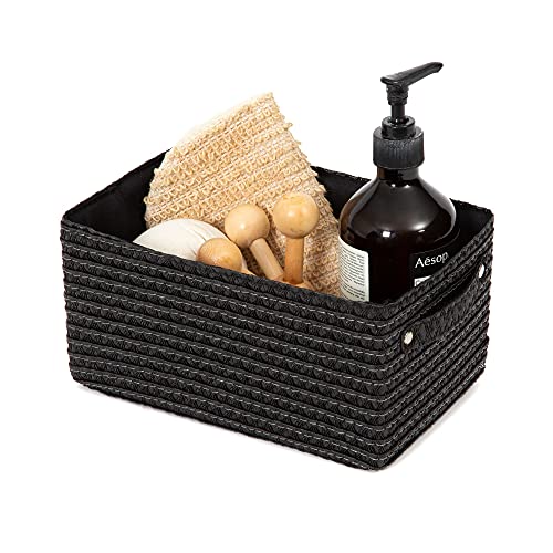 Compactor Rectangle Storage Basket with Pull Handle, Woven Storage Box Reinforced with Cardboard, For Cupboard, Desk and Shelf Storage, Black with Matching Inner Lining, Lilou Range - Image 2