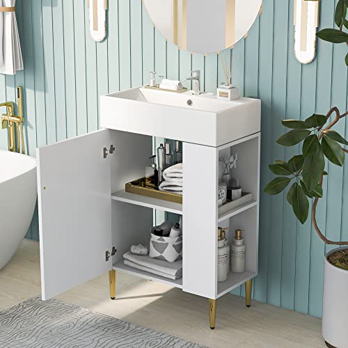 22\" Small Bathroom Vanity with Sink, White Bathroom Vanity Cabinet with Ceramic Vessel Sink & Right Side Storage, Single Sink Bathroom Vanity with Top, Freestanding Bathroom Sink and Cabinet Combo Set