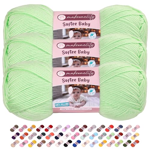 Image of 3 Skeins of Makromecity Softee Baby Yarn,%100 Premium Anti-Pilling Acrylic, 3.5 Oz, 273 yd (100gr /250 mt) Each, Soft Yarn for Crocheting and Knitting (Light Green, 3 Skeins)