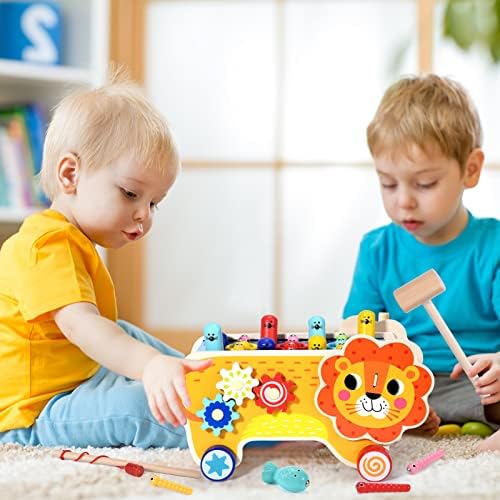 7-in-1 Montessori Toys for 36 Months+ Toddlers Wooden Hammering Pounding Toy Magnetic Fishing Worm Catching Clock Xylophone Learning Developmental Toys Toddler Activities Gift Boys Girls