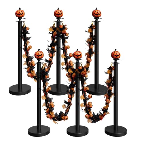 Image of 6 Pack Halloween Pumpkin Head Black Stanchions and Velvet Ropes Set, Stainless Steel Crowd Control Barriers, Poles and 4Pcs Black Ropes for Party,Photobooth Accessories, Prom, Halloween Decorations