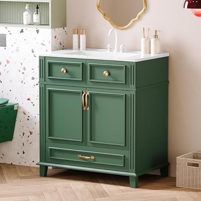 Bathroom Vanity Set, 36 Bathroom Vanity with Resin Sink Combo, Solid Wood Frame Bathroom Storage Cabinet with 5 Drawers & Soft Closing Doors, MDF Boards, Gold Metal Knobs