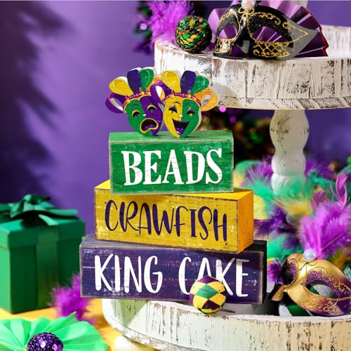 Image of Moucuny 4 Pcs Mardi Gras Table Decorations Wooden Mask Decor Purple Golden Green Carnival Tiered Tray Decor Mardi Gras Centerpieces Decorative Masks Block Signs Gift for Masquerade Party Home Kitchen