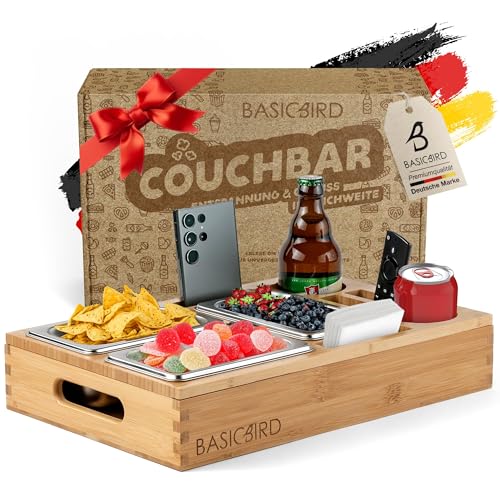 BASICBIRD® Couchbar Snackbox mit 3X Snackschale - Organizer Tablett - Snackspender - Holz Sofatablett für Sofa, Deko, Couch Bar mit Getränkehalter - Snackbox mit Fächern –...
