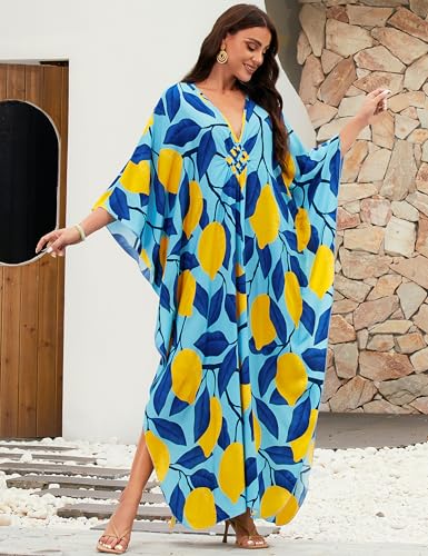 Image of MAKABO Kaftan Dresses for Women, V Neck Moo Moos Colorful Print Cover Ups Caftan Beach Dresses for Swimwear