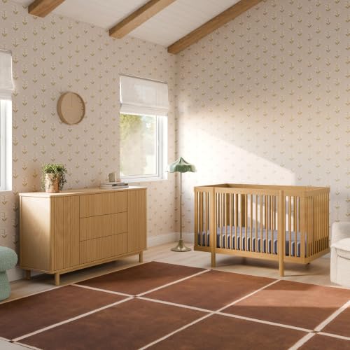 Image of Babyletto Pogo Convertible All-Stages Bassinet, Midi, Full-Size Crib in Honey, Greenguard Gold and FSC Certified, Portable & Adjustable with Conversion Kits and Pads Included