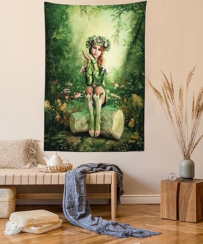ABAKUHAUS Fee Wandteppich & Tagesdecke, Elf Mädchen mit Kranz Baum aus Weiches Mikrofaser Stoff Waschbar ohne Verblassen Digitaldruck, 140 x 230 cm, Grün Beige Rosa