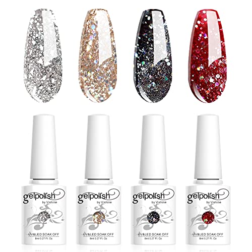 Vishine Vernis Gels Semi-Permanents, Lot de 4 Couleurs Pailleté Or Argent Rouge Noir Collection Nail Art Vernis à Ongles UV LED Gel Polish Varnish Manucure 8ml C020
