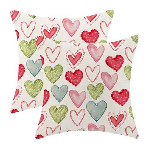 OFIRD Valentine's Day Decor Pillow Covers 18x18 Pack of 2 Colorful Love Heart Throw Pillow Cover Valentine's Mother's Day Anniversary Pink Green Decorative Pillowcase Linen Cushion Case for Home Sofa