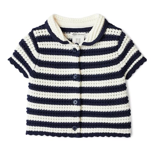 Amazon Essentials Unisex Babies x Sofia Grainge Baby Girls and Toddlers Short Sleeve Button Front Sweater with Peter Pan Collar Ivory Navy Polo Stripe 2T