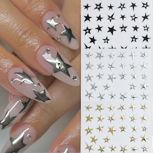 Rhinestones Gold Star Nail Art Stickers Decals 5D Self Adhesive Gold Silver Black Star Designs Shiny Adhesive Y2K Nail Decals Independence Day Stars Nail Art Stickers for Woman DIY Manicure Decoration