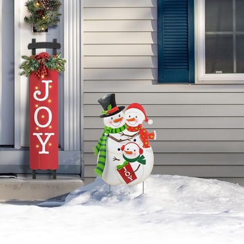 Glitzhome Christmas Metal Snowman Family Yard Stake, 30"H Indoor and Outdoor Decor, 3-in-1 Standing & Hanging Display, Weatherproof Iron Garden Sign for Lawn, Porch, Holiday Decoration​​ by Glitzhome - Image 3
