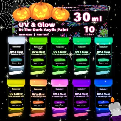 Fantastory Glow in the Dark Acrylic Paint,10 Bright Colors(30ml/1oz); Waterproof, Indoor Outdoor Black Light Paints for Halloween Rocks,Wood,DIY Crafts,Pumpkin, Adults