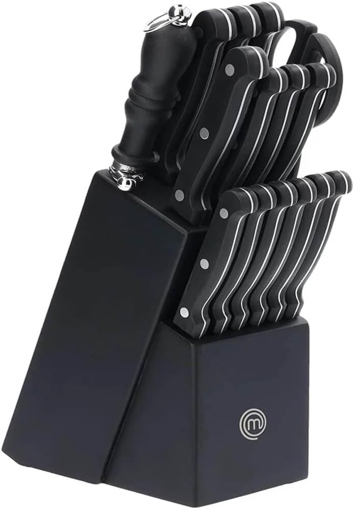 MasterChef Knife Block Set of Kitchen Knives, Large 15pc Stainless Steel Cooking Knife Collection incl. Steak Knives, Cutting Shears & Knife Sharpener with Riveted Handles in a Matte Black Holder