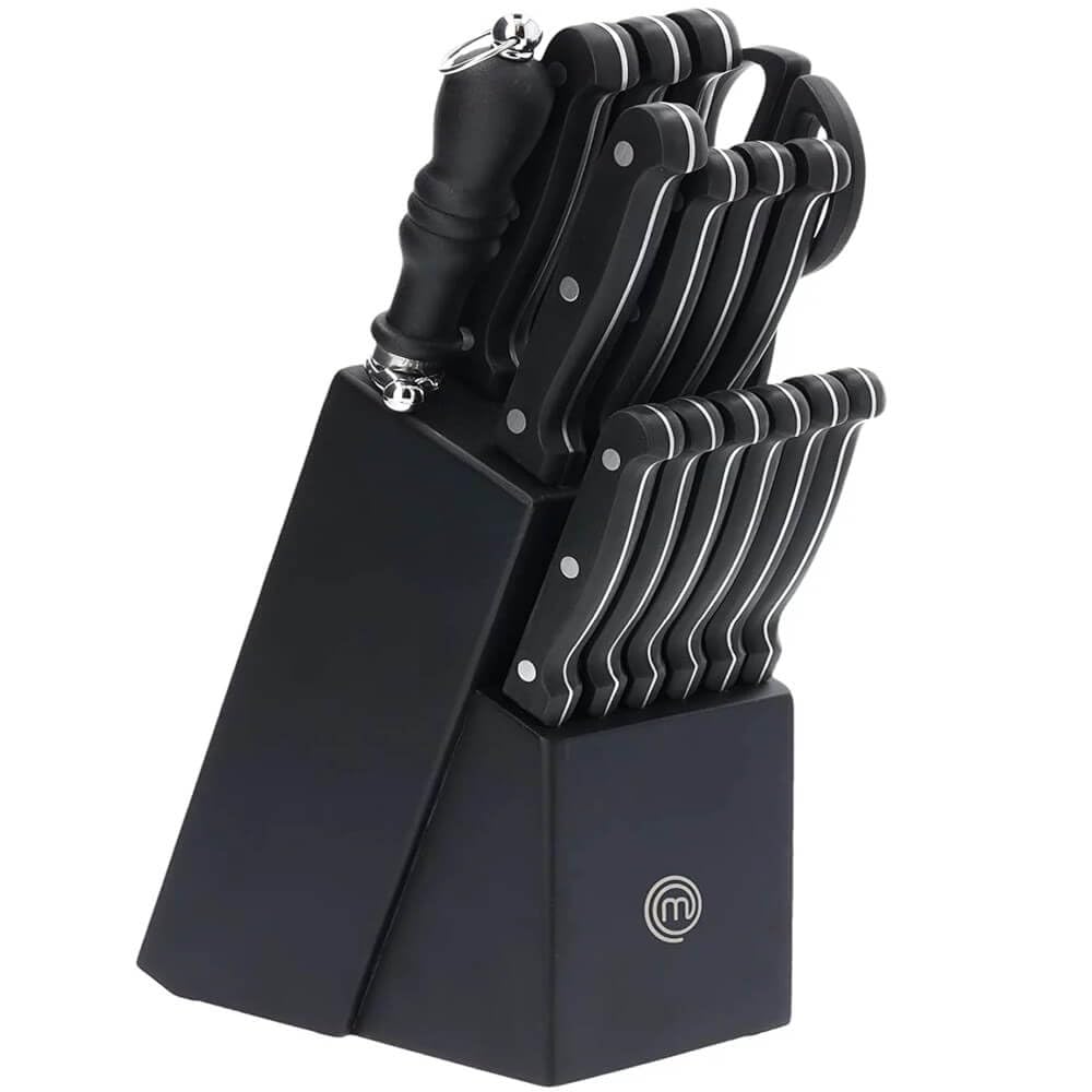 MasterChef Knife Block Set of Kitchen Knives, Large 15pc Stainless Steel Cooking Knife Collection incl. Steak Knives, Cutting Shears & Knife Sharpener with Riveted Handles in a Matte Black Holder