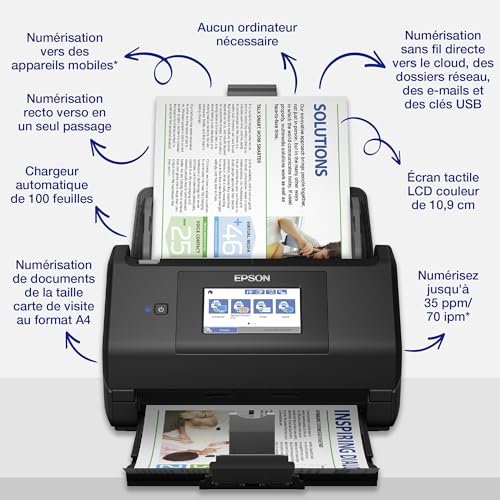 EPSON WorkForce ES-580W | Scanner de documents - 600 DPI, 35ppm/70ipm, A4, recto-verso, pas de PC nécessaire, ADF 100 feuilles, WiFi, écran tactile