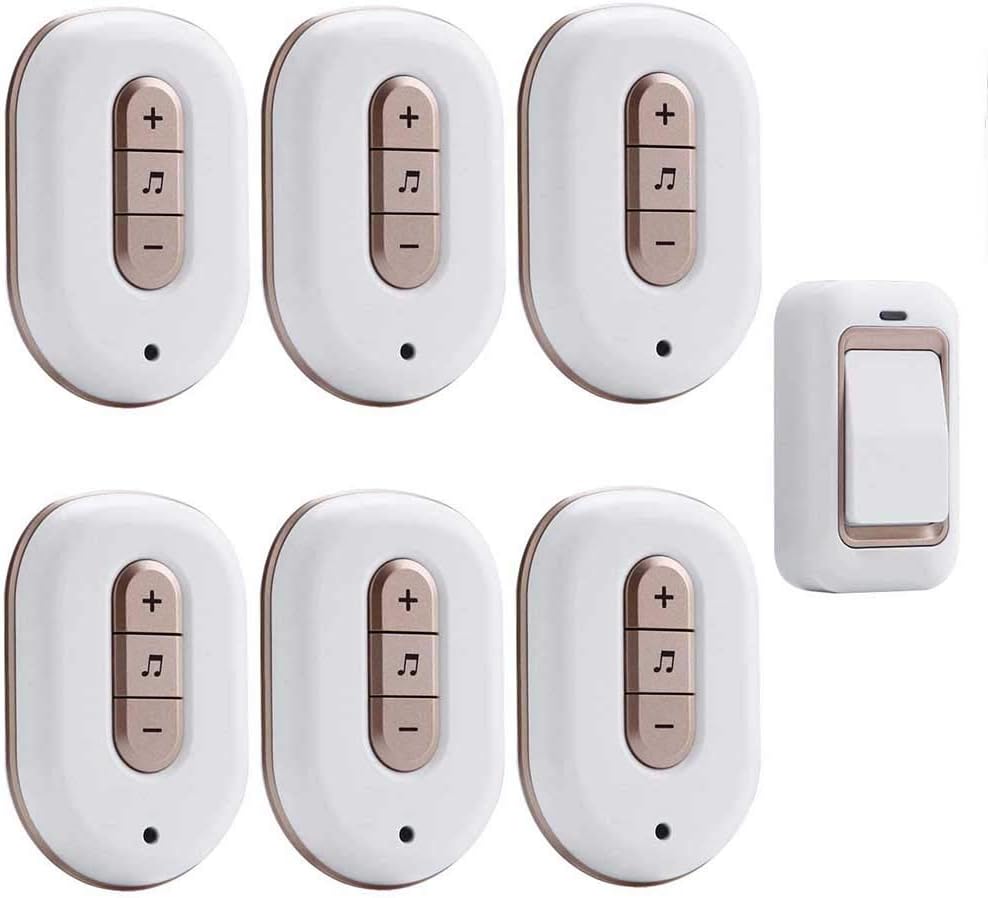 Wireless Doorbell Waterproof, 6 Transmitters 1 Receiver Wall Plug-in Cordless Doorbell, 200M Transmission Range/Smart Flashing Light Reminder/6 Volume Volume Adjustment,Gold,Silver