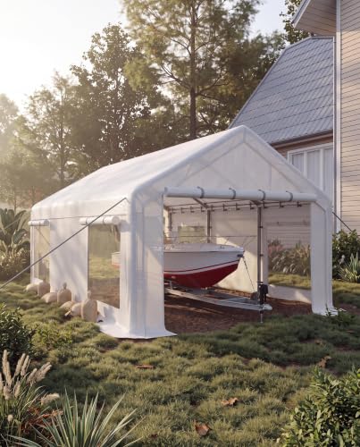 Image of GarveeLife Carport 10x20 ft Portable Garage, White | Car Port with 200 g PE Tarp Canopy / with 2 Roll-Up Doors and 4 Windows / for Temporary Paint Booth, Boats & Pickups Shed
