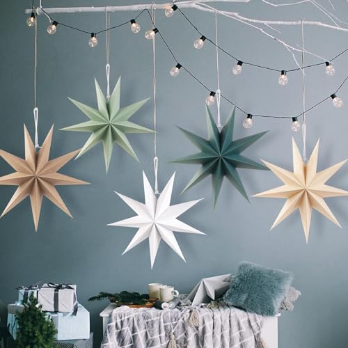 SUNBEAUTY Sage Green 9-Pointed 12 Inch Paper Star Lanterns Christmas Hanging Lamp Paper Decorations Shade Wedding Birthday Christmas Home Party Decorations - Image 4