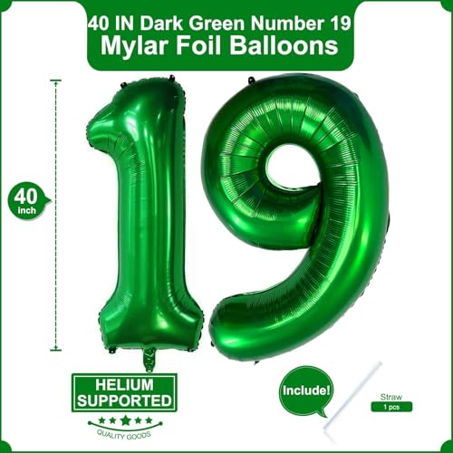 Image of Number 19 Dark green Balloons 40 Inch Giant Dark green Number 19 Balloons for 19th Dark green Birthday Party Supplies 19th Anniversary Events Decorations