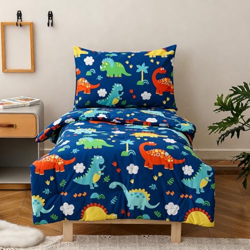 Image of CLOTHKNOW Dinosaur Toddler Bedding Sets for Boys Girls 4Pieces Blue Bedding Sets Cartoon Cute Animal Pattern Comforter Sets Soft Crib Bed Sets