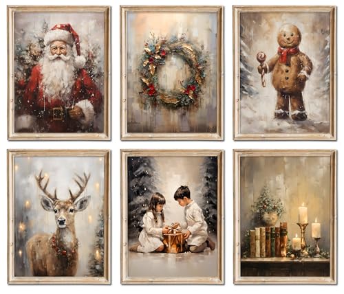 Juego de 6 cuadros de Navidad para pared, decoración de pared, diseño vintage de galería, velas de Papá Noel, ciervo, lienzo de Papá Noel, pintura al óleo de Papá Noel, decoración navideña de 8 x 10