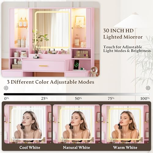 Image of HUANLEGO Makeup Vanity Desk with Mirror and LED Lights for Girls, Pink | Farmhouse Dressing Table Set for Women, LED Glass Cabinet, 7 Drawers, Power Outlet, Hair Dryer, 3 Lighting Modes
