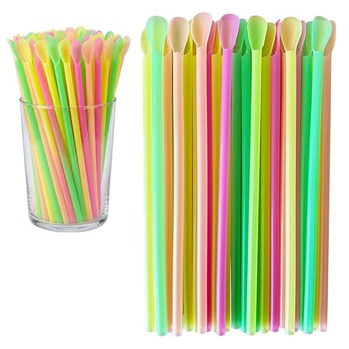Concession Essentials 8 Neon Wrapped Spoon Straws Pack of 200 | Individually Wrapped Plastic Slushy & ICEE Straws with Spoon End | Disposable Frozen Drink Straws for Concession Stands