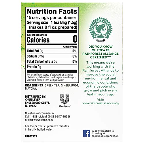 Lipton Magnificent Matcha Green Tea Bags, Ginger 15 Ct #TOP1