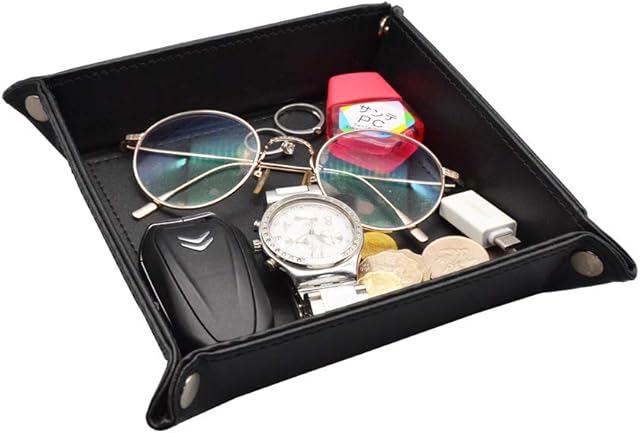 aolaso Valet Tray, PU Leather Tray Jewelry Catchall Coin Tray for Key Wallet Phone Watches Candy, Mens Desktop Trinket Bedside Organizer Tray Christmas Day & New Year Gift