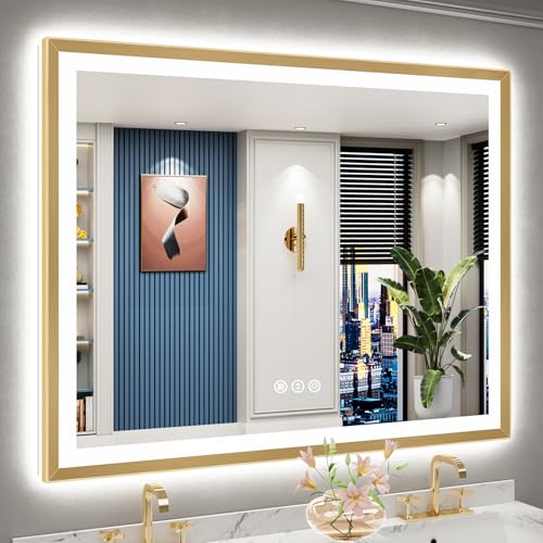 Image of 50x40 Gold Beveled LED Lighted Bathroom Mirror, Backlit & Front Lit | Brushed Gold Framed, Anti-Fog Vanity Mirror with Lights, 3 Color Dimmable, Memory, HD Tempered Glass, CRI95, IP54, UL Listed