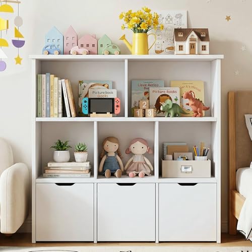 Teckid Toy Storage Organizer with 3 Movable Drawers and 5 Open Cubbies Kids Bookshelf and Toy Storage Cabinet with Hidden Wheels Kids Toy Storage for Playroom Nursery Bedroom White